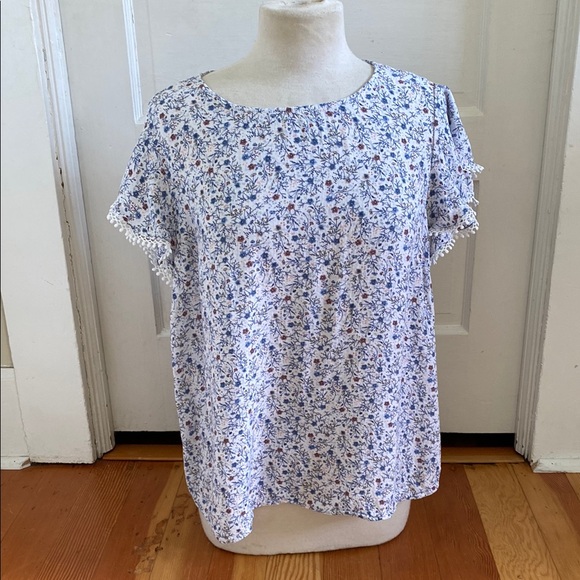 Angels Forever Young Blue Floral Print Ruffled‎ Sleeve Women's Top 1X - Picture 1 of 5